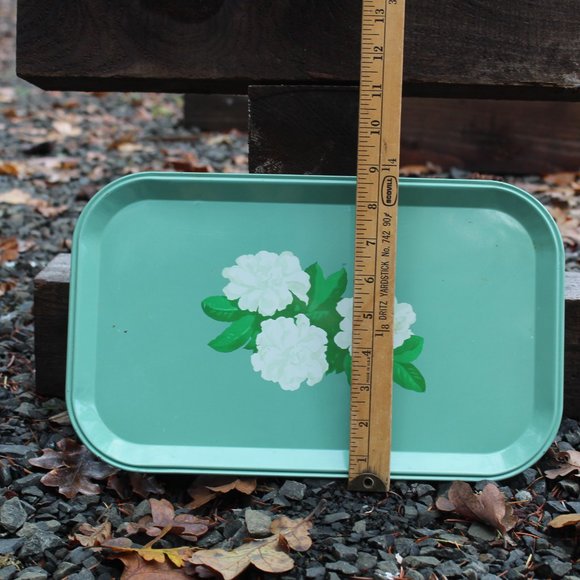 Vintage Tin Litho Serving TV Tray, Jade, Mint, Green, Camellia Blossom Design - Picture 8 of 14
